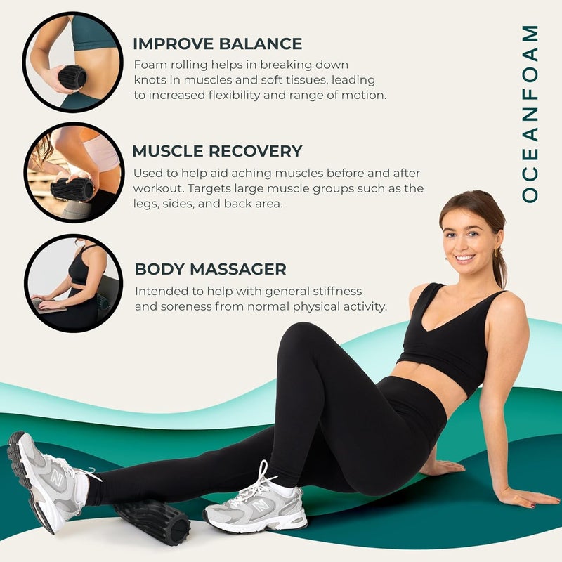 Oceanfoam Ripple Travel Foam Roller (11" x 3.35") Firm Mini Foam Roller for Physical Therapy, Deep Tissue Massage, Back Pain - High Density, Wave Textured - Yoga, Exercise (Black & Charcoal Marbled) - Image 5